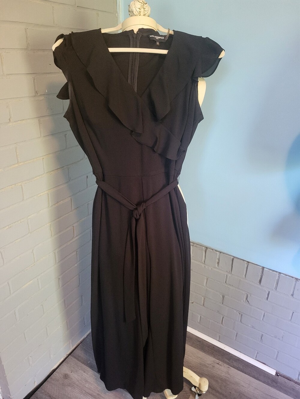 Karl Lagerfeld Black Ruffle Jumpsuit with Tie Waist